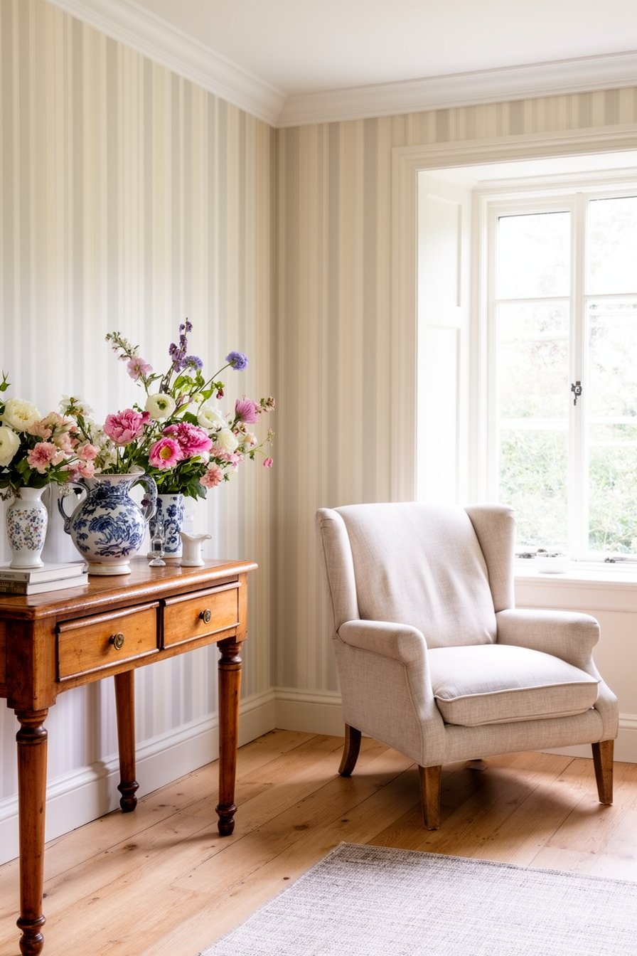 Englisches Landhaus Wohnzimmer mit Streifentapeten und Blumendeko