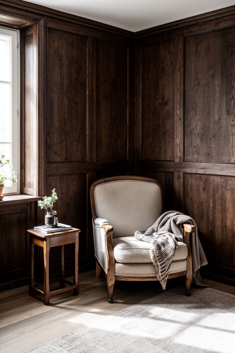 Wohnzimmer mit dunkler Holzverkleidung und gemütlichem Sessel