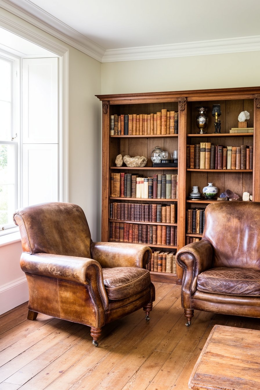 Englisches Landhaus Wohnzimmer mit Ledersesseln und Bücherregal