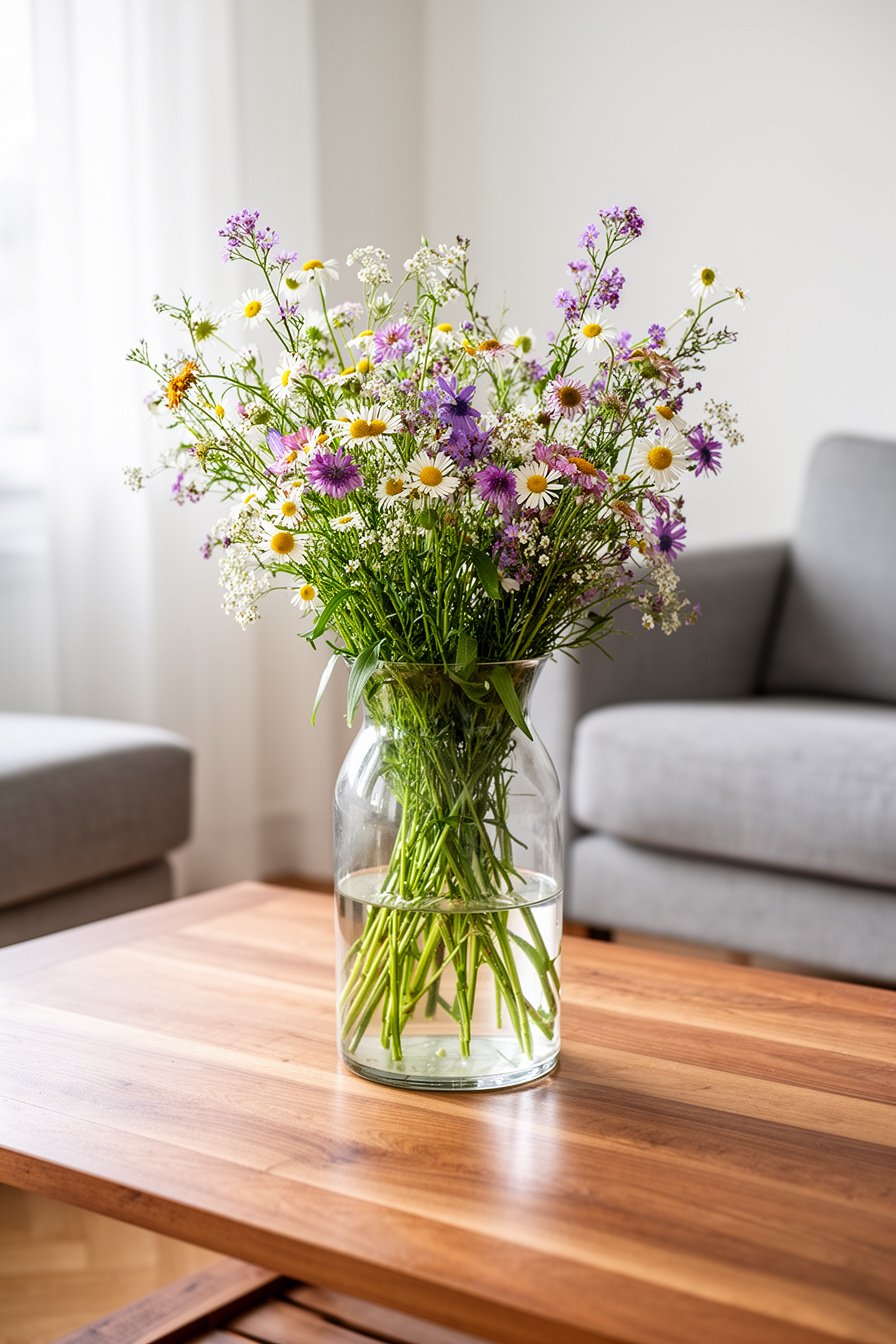 Wildblumen in Glasvase auf Couchtisch Wohnzimmer