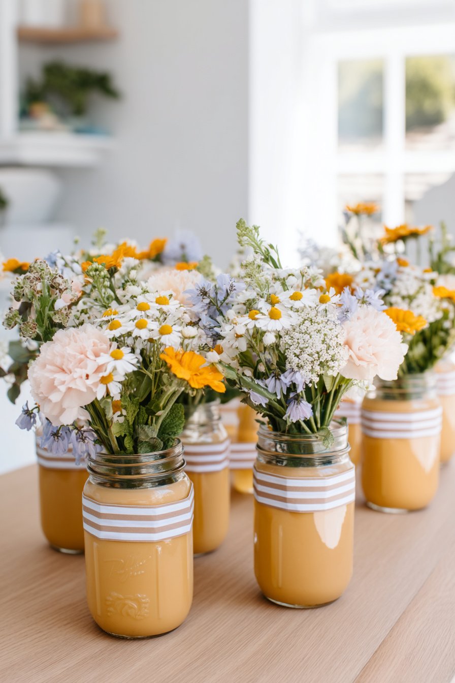 Vintage Marmeladengläser mit Sommerblumen als Tischdeko