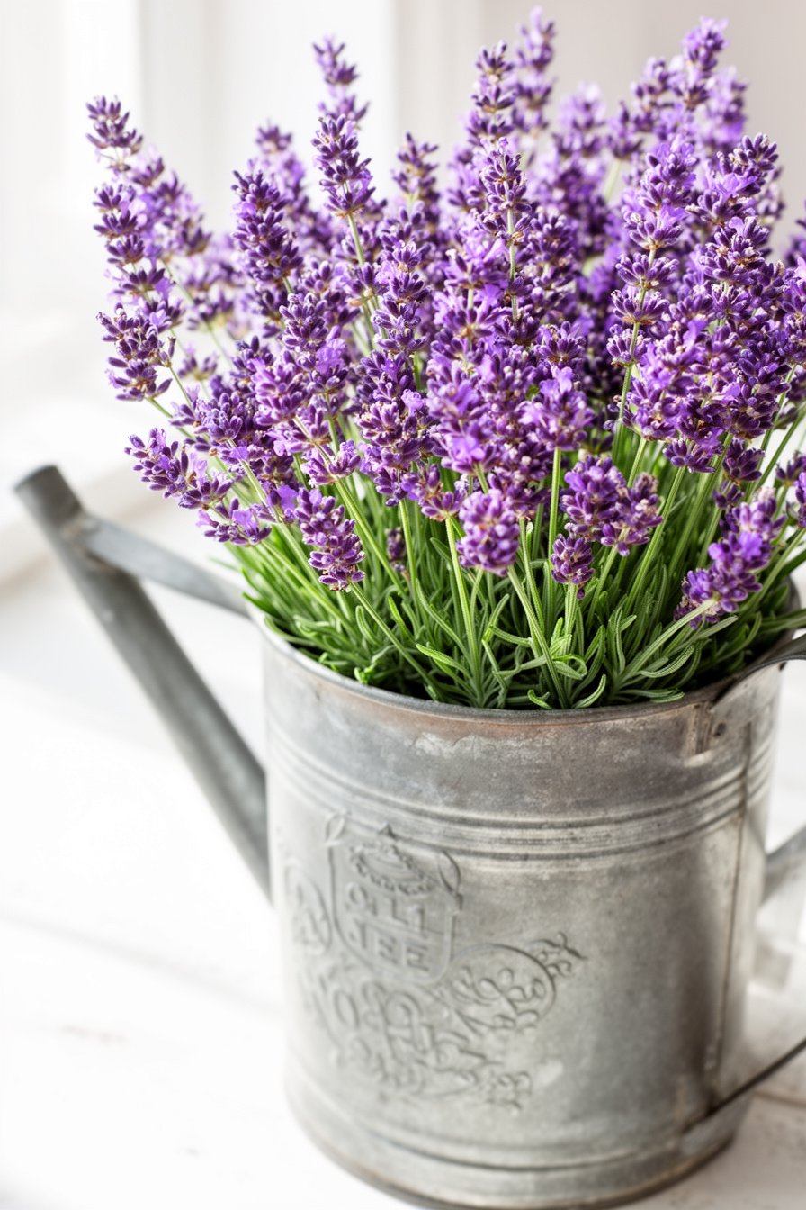 Zinkgießkanne mit Lavendel als Hauseingangsdeko