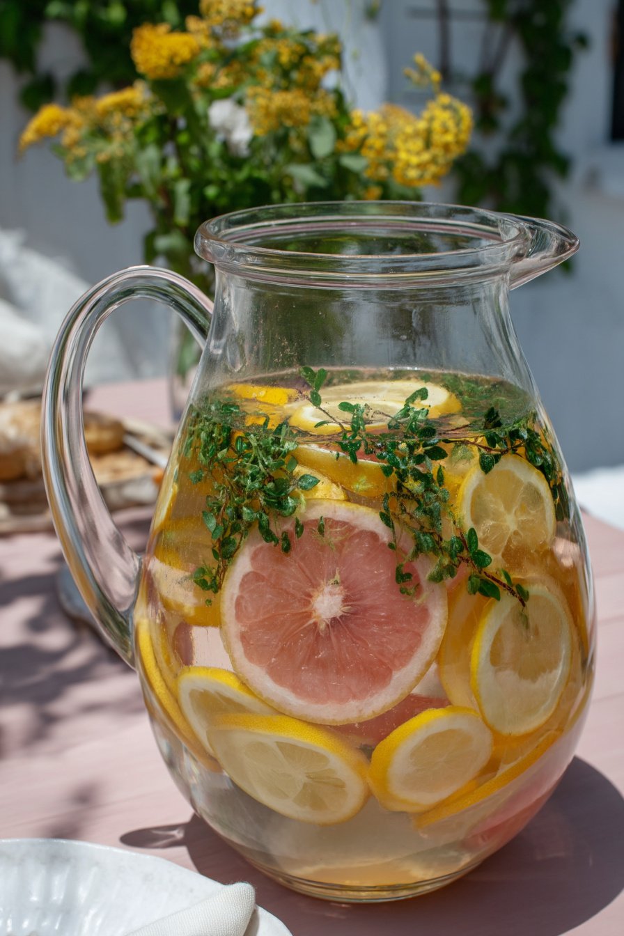 Wasserkrug mit Zitrusfrüchten und Kräutern auf Gartentisch