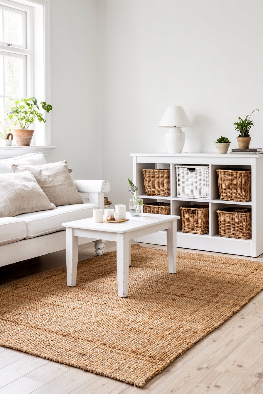 Weißes Vintage Wohnzimmer mit Korbdeko und Naturteppich