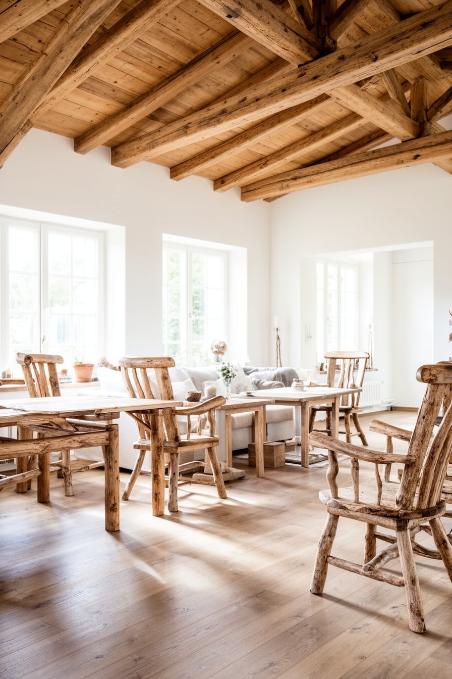 Geräumiges Wohnzimmer mit sichtbaren Sparren im Landhausstil