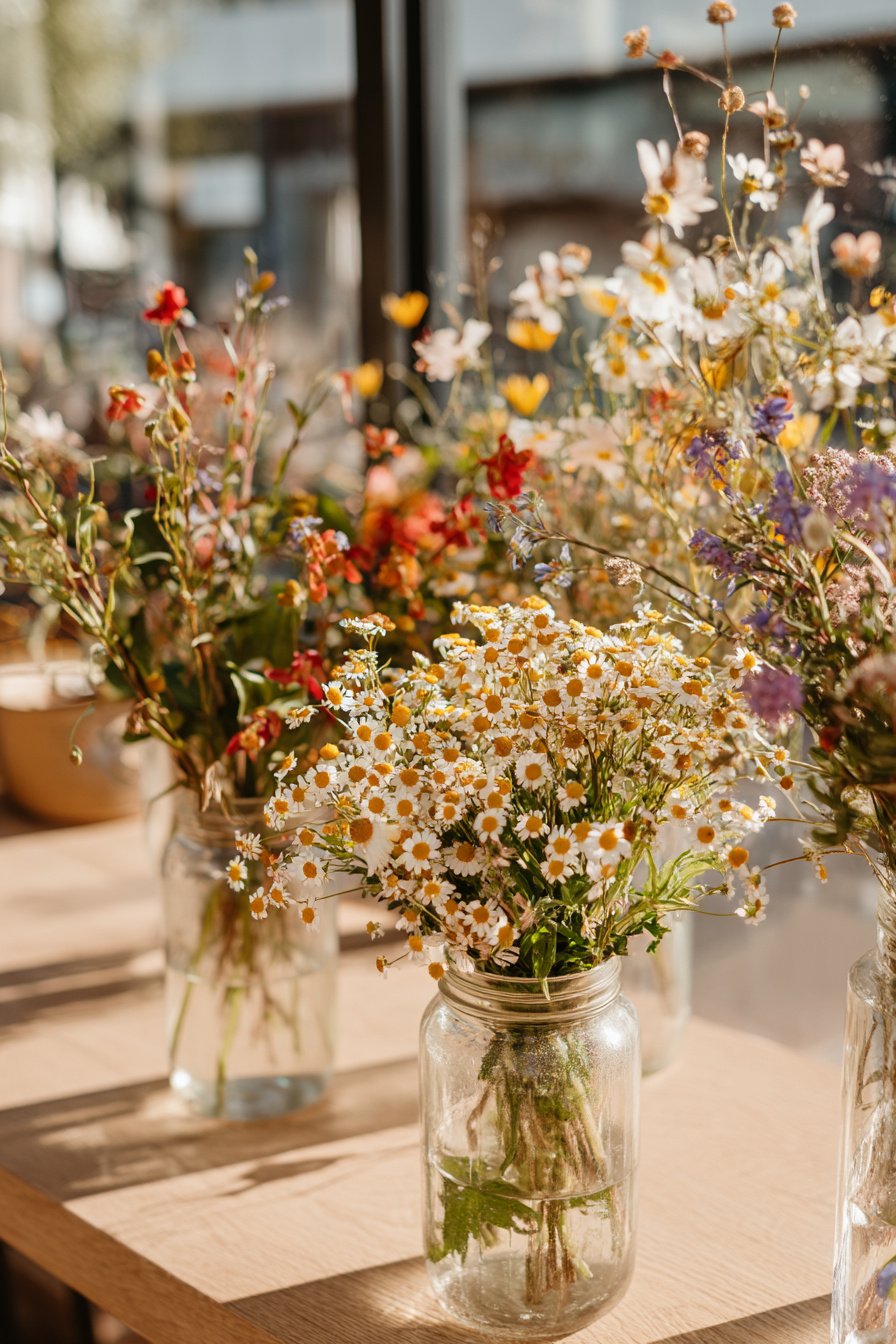 Wildblumen in Glasvasen als sommerliche Tischdeko Hochzeit