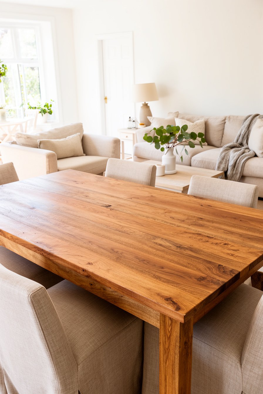 Wohnbereich mit Massivholztisch und Naturtönen