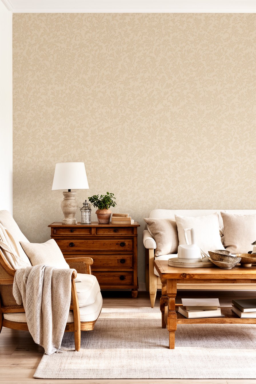 Wohnzimmer mit beiger Landhaus-Tapete und Holzmöbeln