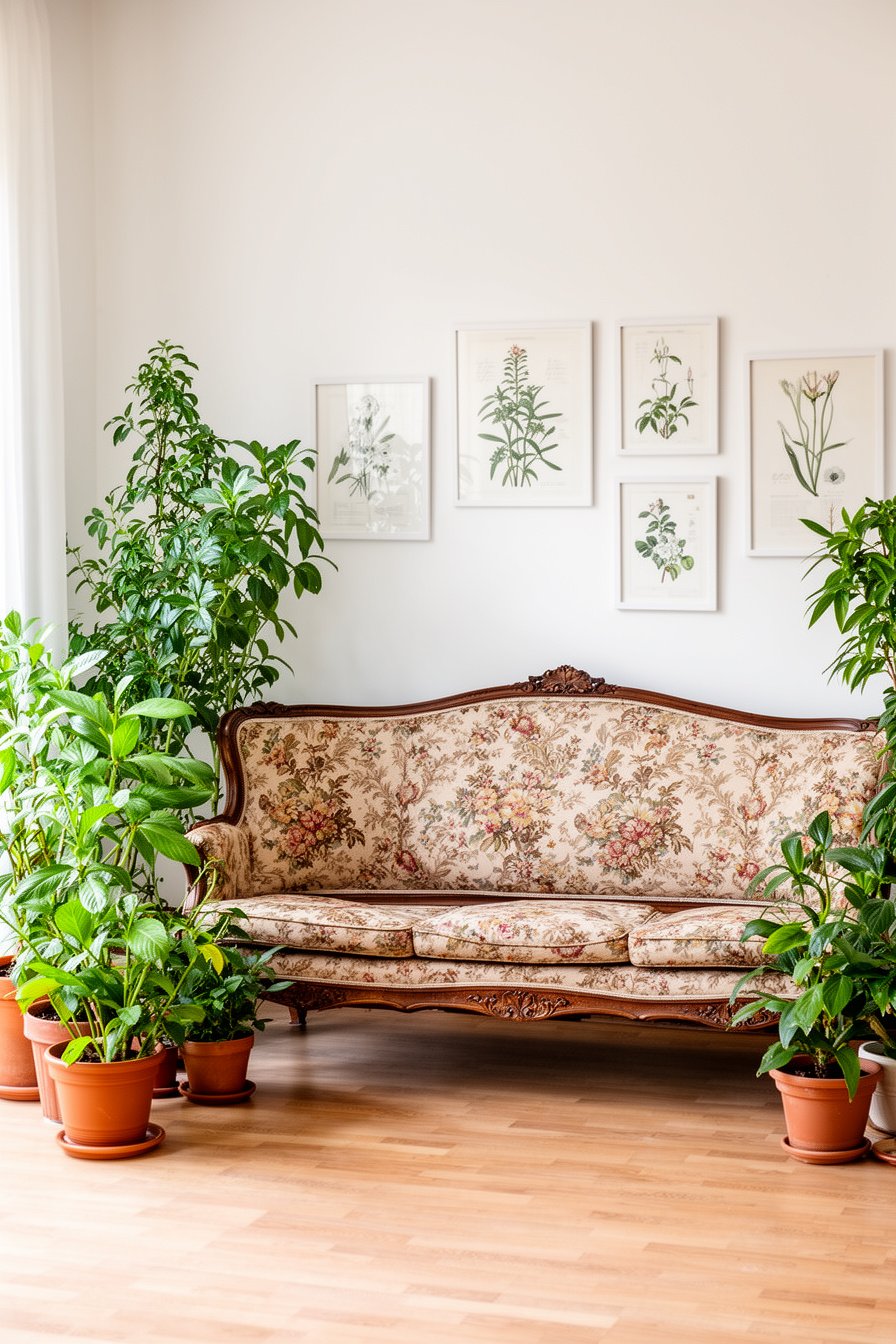 Wohnzimmer mit antikem Sofa und vielen Pflanzen