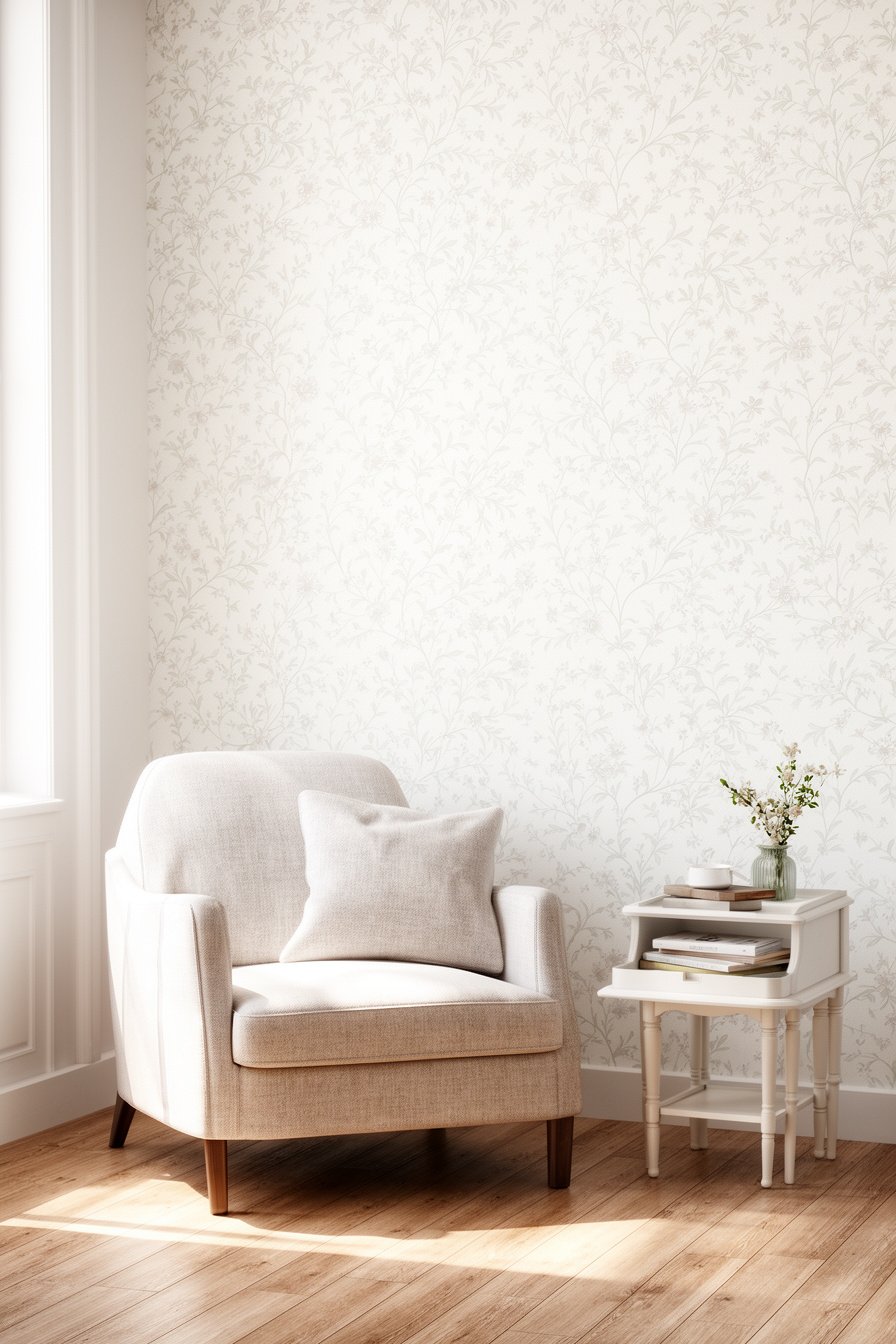 Wohnzimmerwand mit dezenter Blumenranken-Tapete im Landhausstil