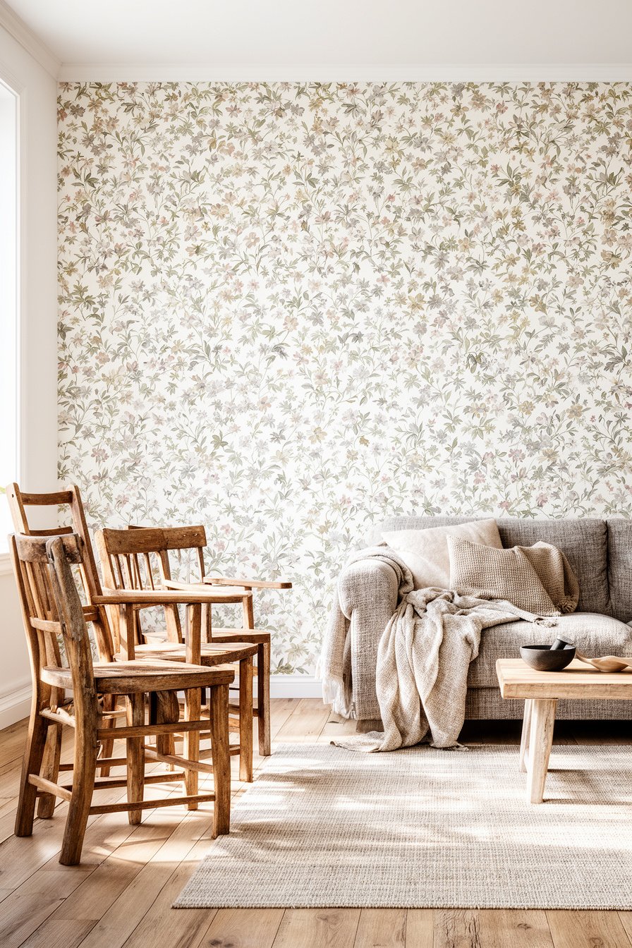 Wohnzimmer mit floral gemusterter Landhaus-Tapete und Holzmöbeln
