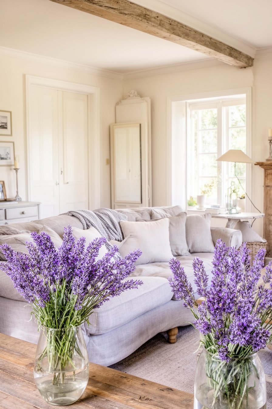 Wohnzimmer mit großer Couch und Lavendel-Deko