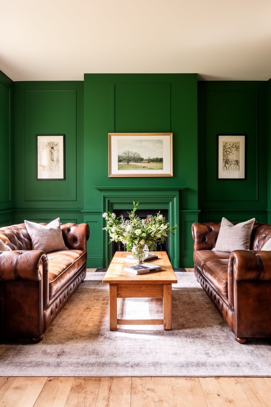 Wohnzimmer mit grünen Wänden und Chesterfield-Sofas
