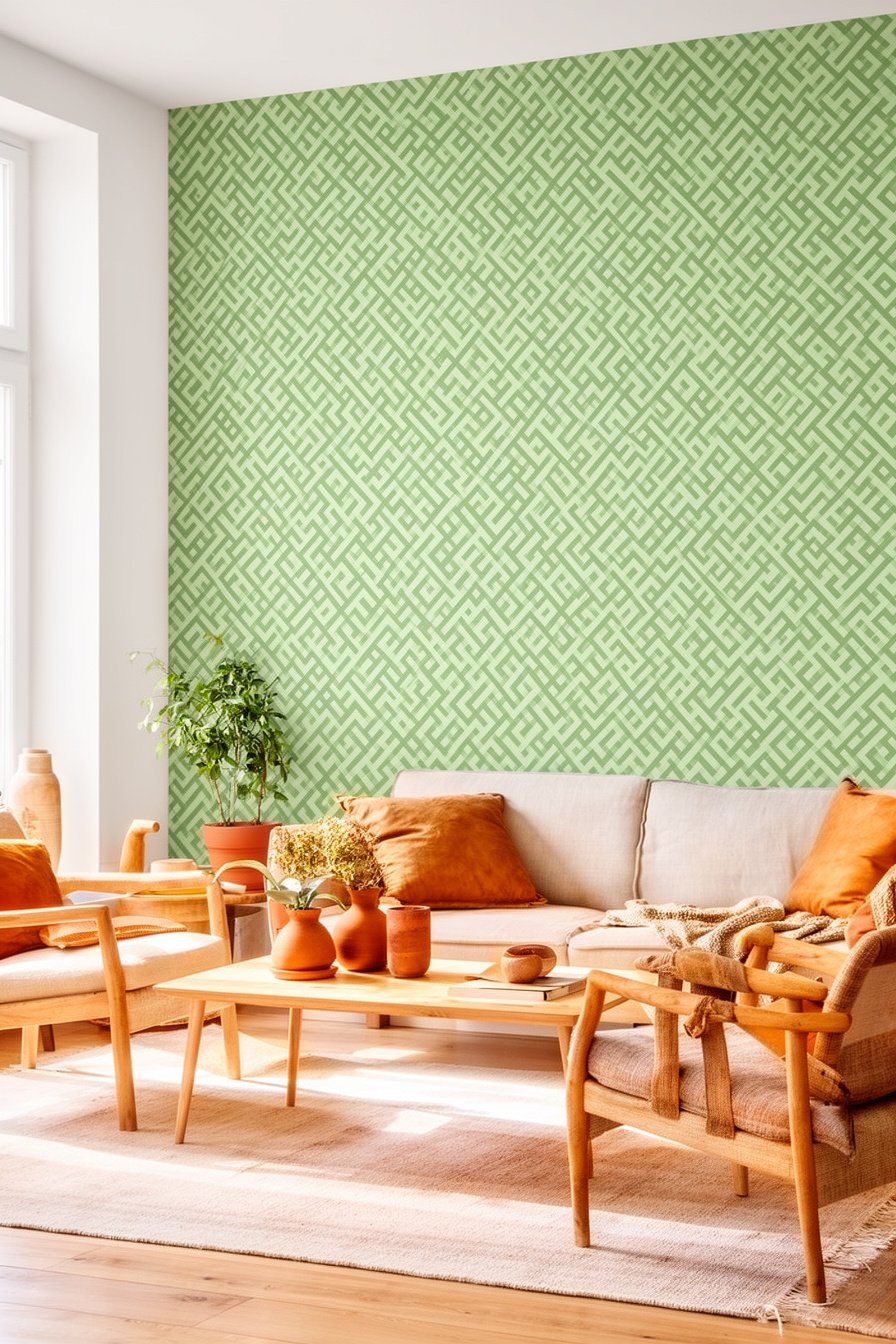Wohnzimmer mit grüner grafischer Landhaus-Tapete und Holzmöbeln