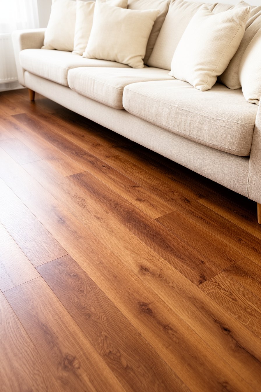 Wohnzimmer mit Holzboden und cremefarbenen Accessoires