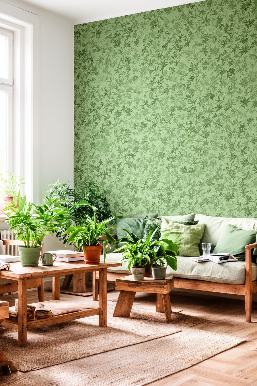 Wohnzimmer mit grüner Landhaus-Tapete und Holzmöbeln