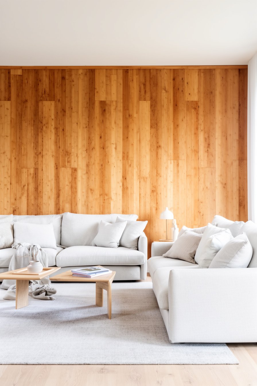 Skandi Landhaus Wohnzimmer mit Holzwand und hellen Sofas