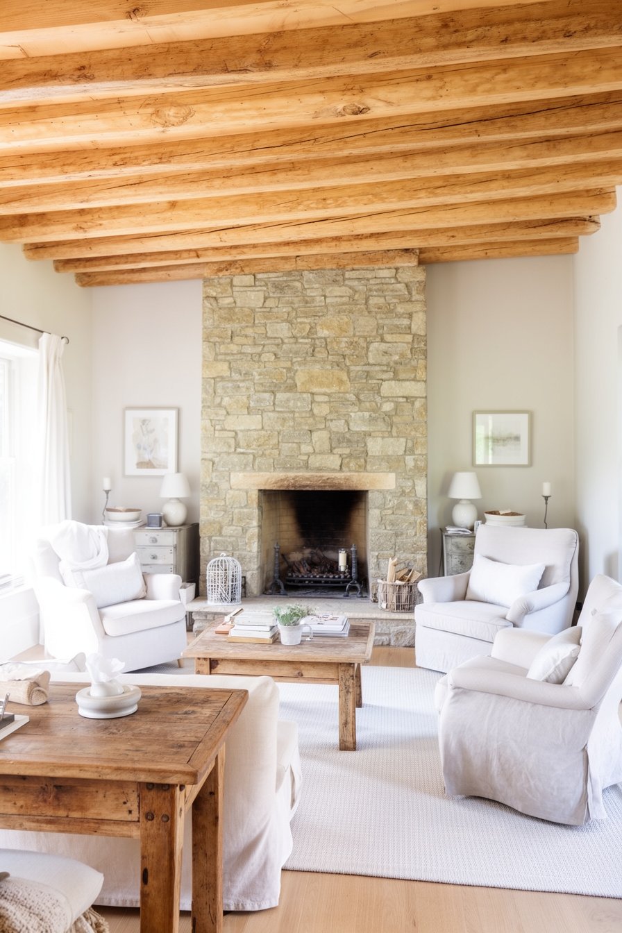 Wohnzimmer mit Holzbalken und Kamin im Landhausstil