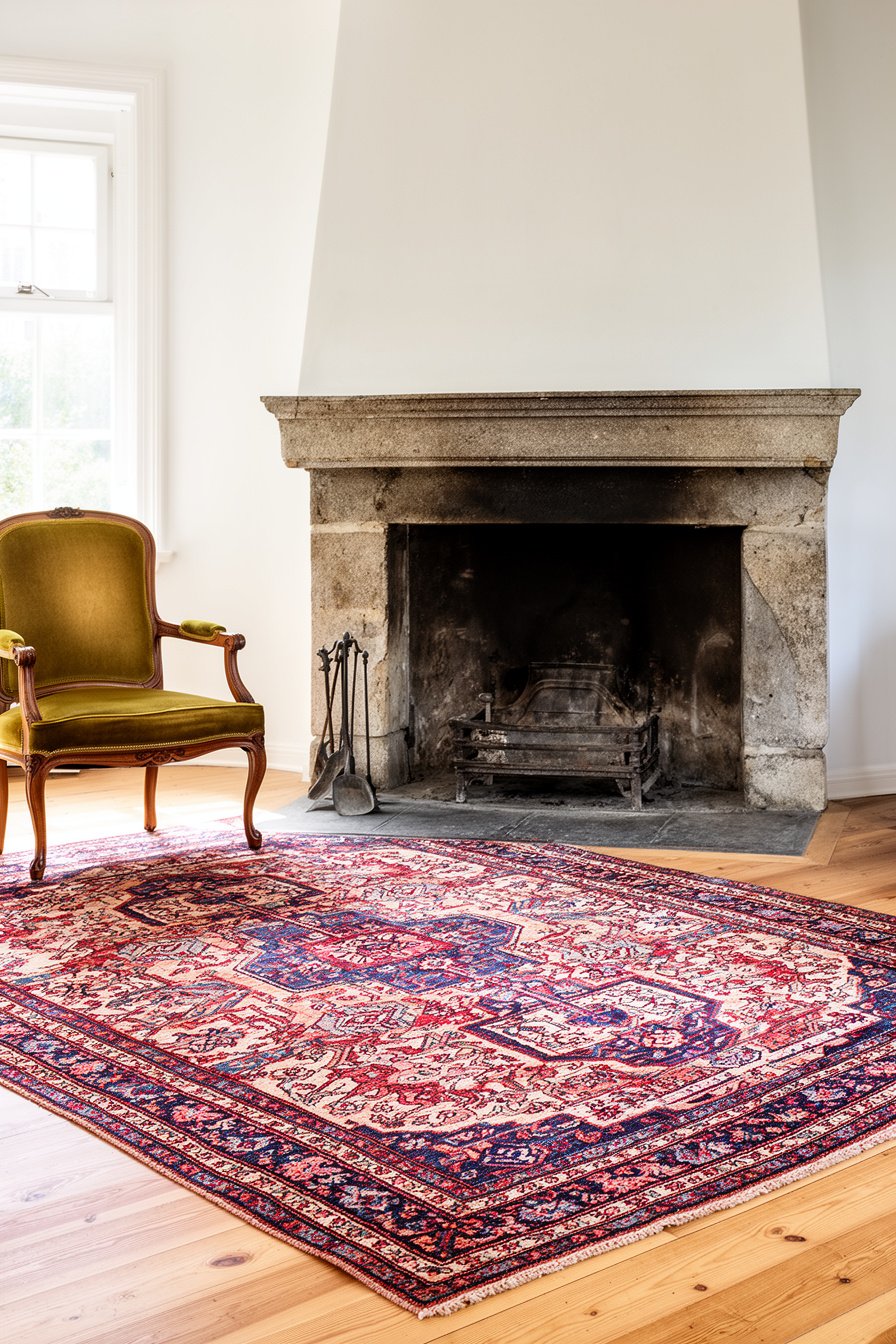 Vintage Wohnzimmer mit offenem Kamin und Sessel
