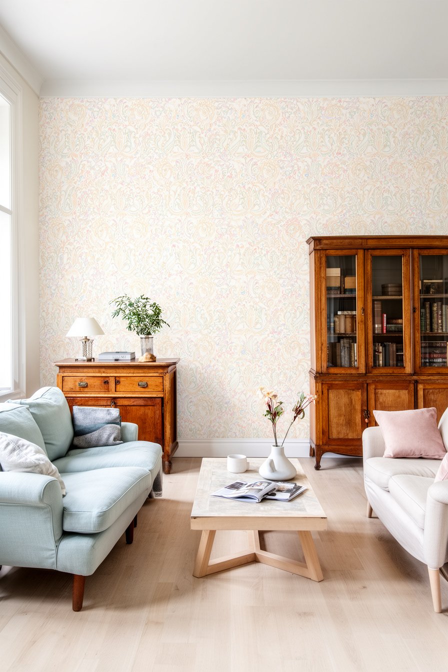 Wohnzimmer mit pastellfarbener Vintage-Tapete im Landhausstil