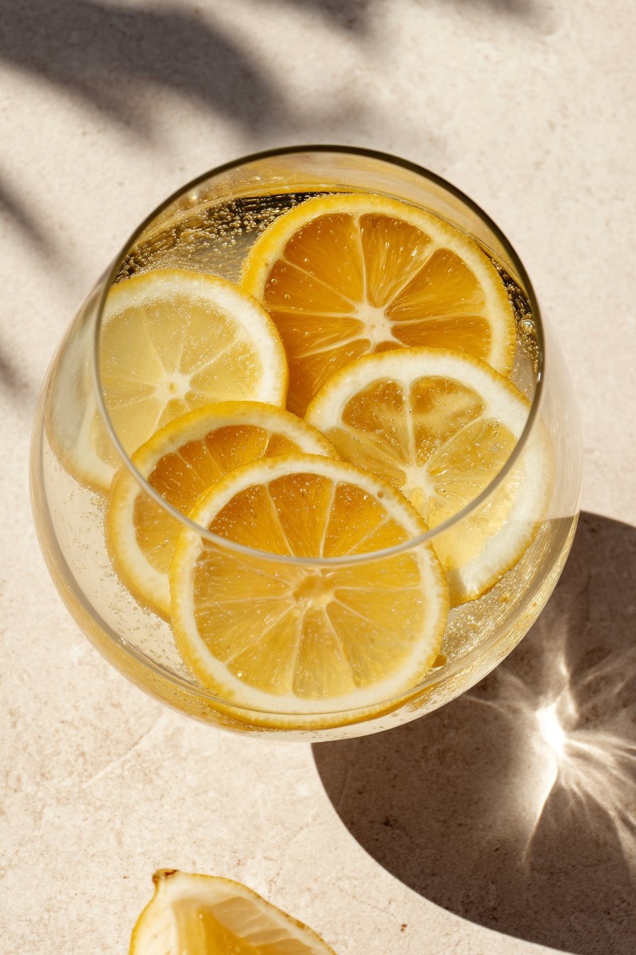 Wasserglas mit Zitronenscheiben als Sommerdeko
