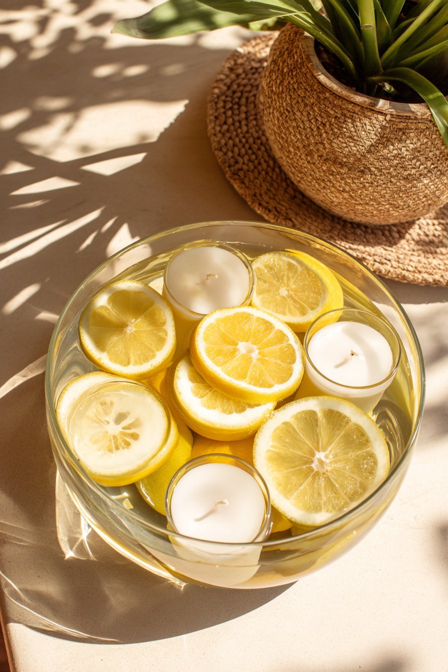 Zitronenscheiben und Kerzen schwimmen im Glas