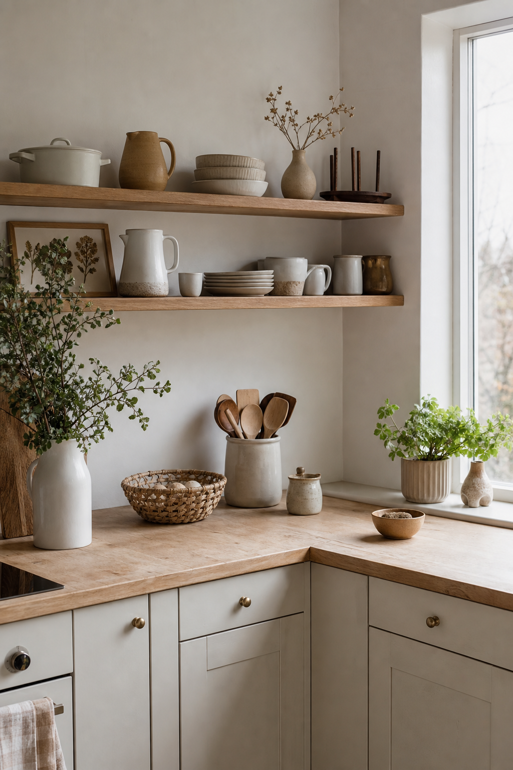 Beige L-Landhausküche offene Regale