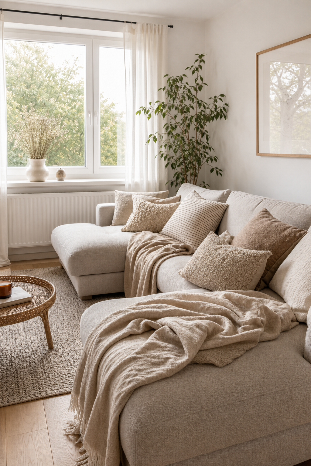 Tiefes Sofa mit beigen Textilien nah