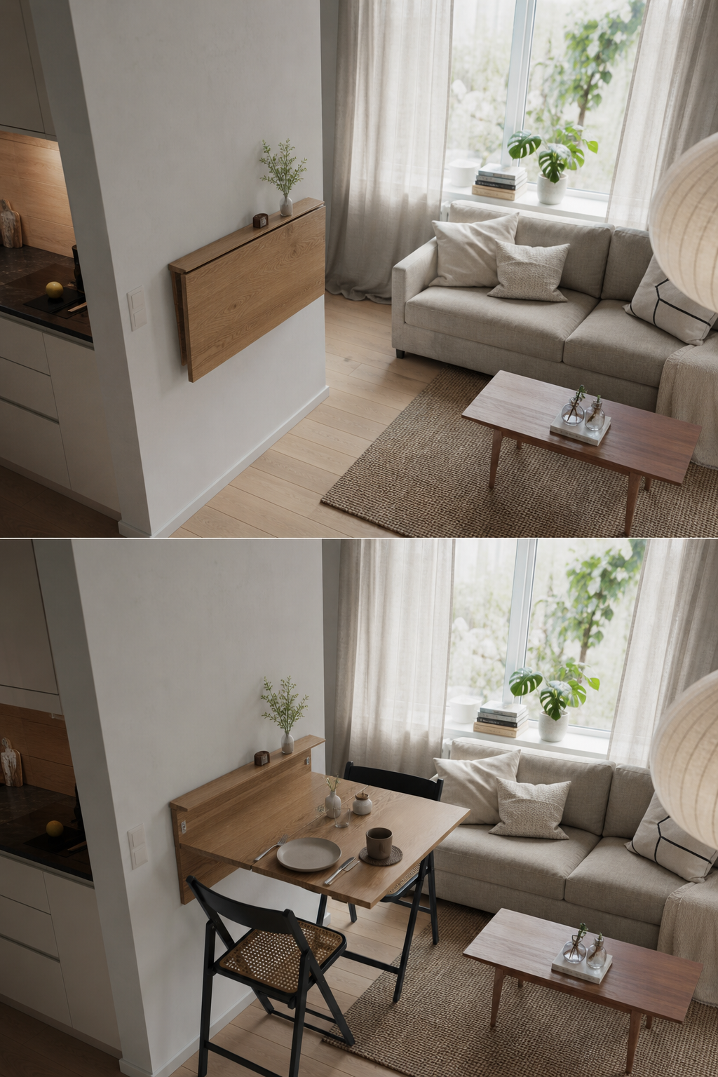 klappbarer wandtisch in ecke, zwei stühle