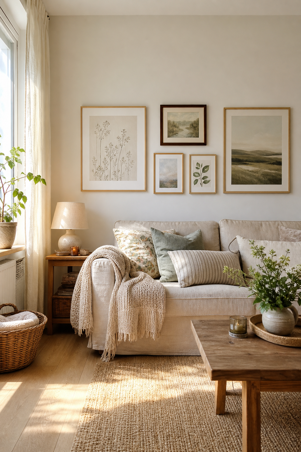 Galerie wand über gemütlicher sofaecke