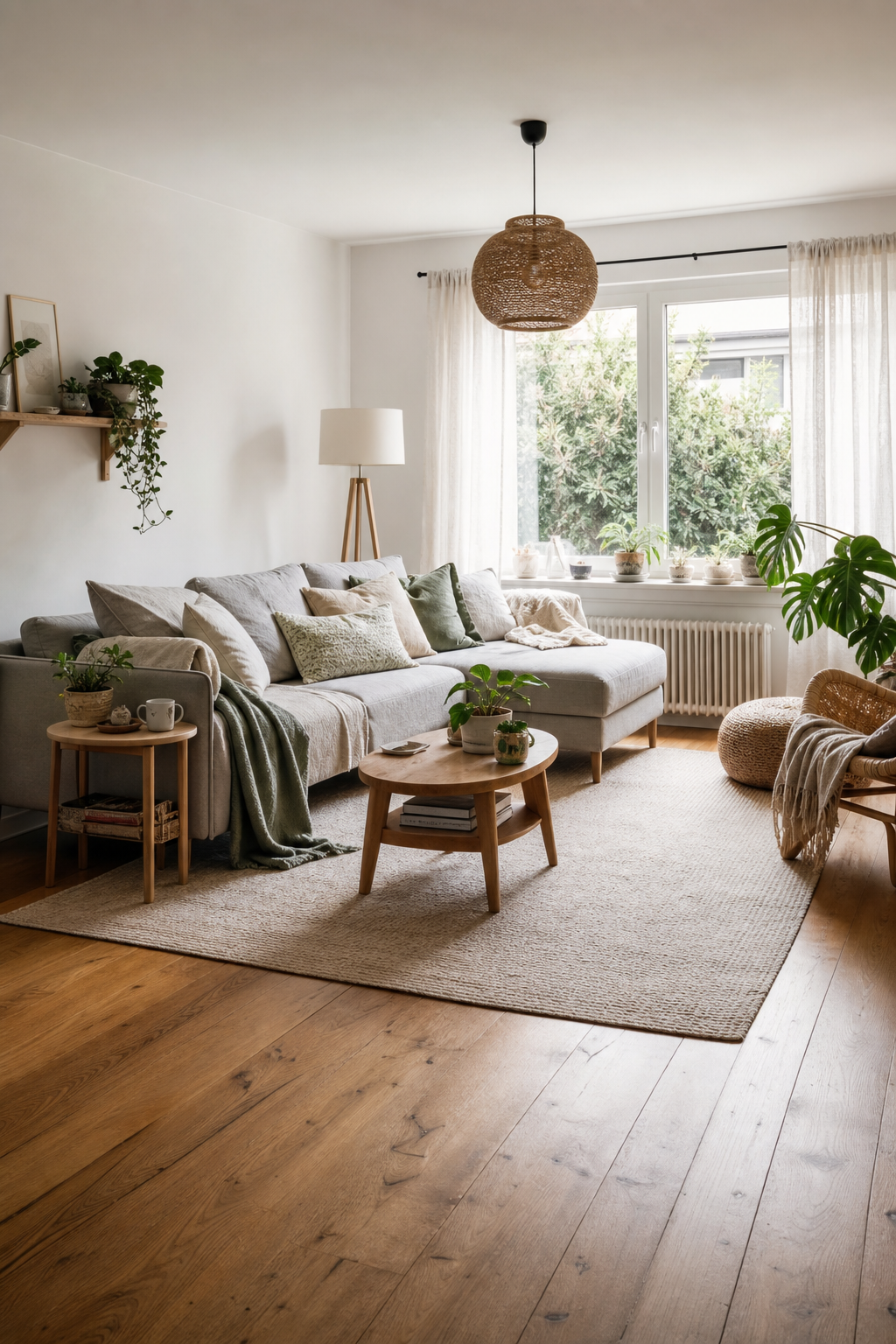 Eckcouch mit hellem teppich und kissen
