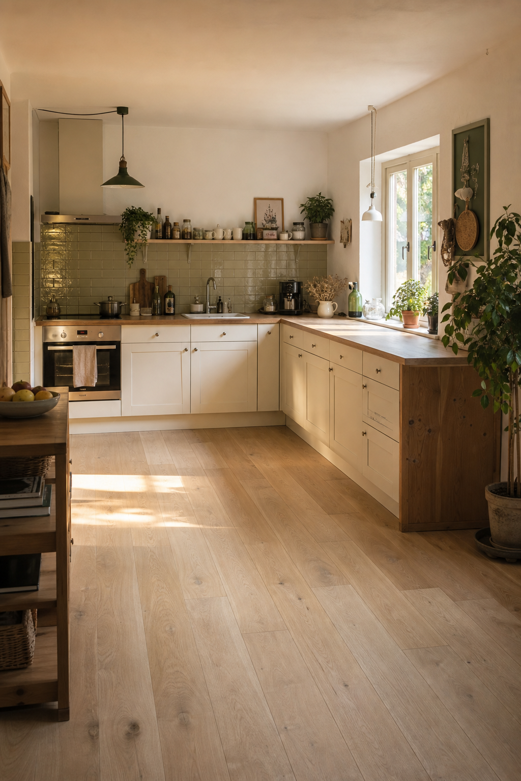 L foermige Landhauskueche mit hellen Holzboden