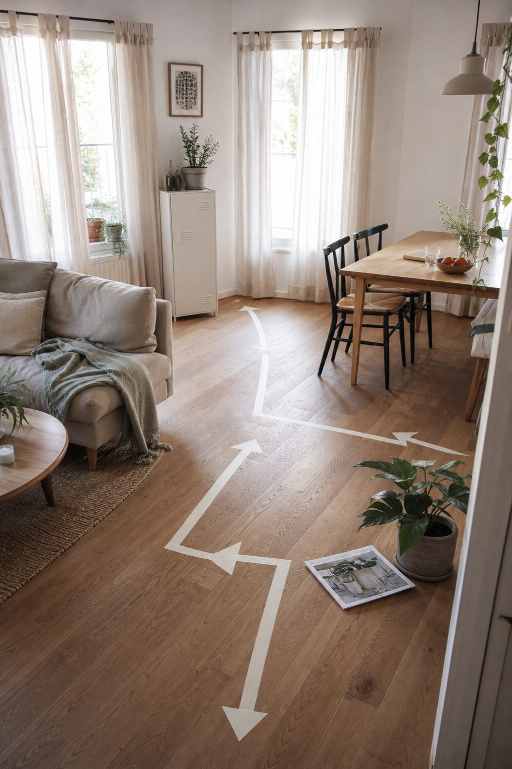 Masking tape Wege mit Pfeilen im Wohnraum