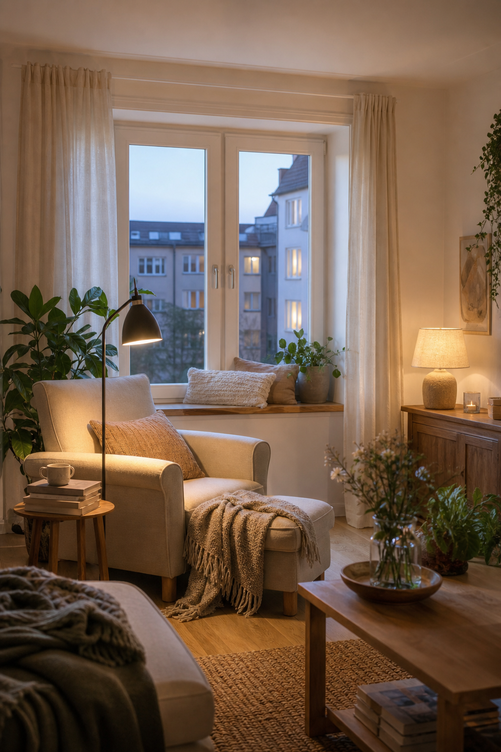Leseecke am Fenster mit Sessel und Lampe