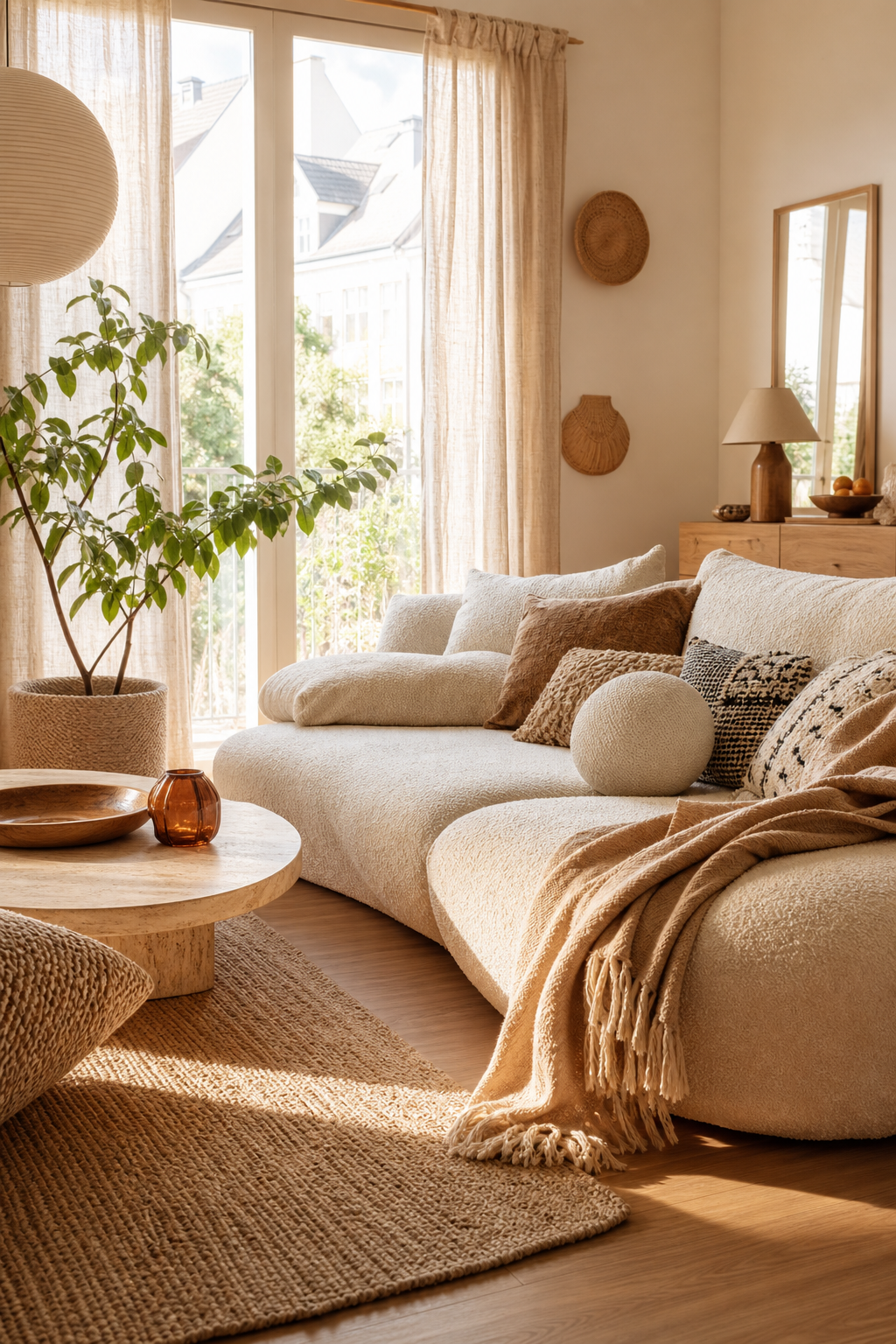 Organisch geformtes Sofa im Boho-Wohnzimmer