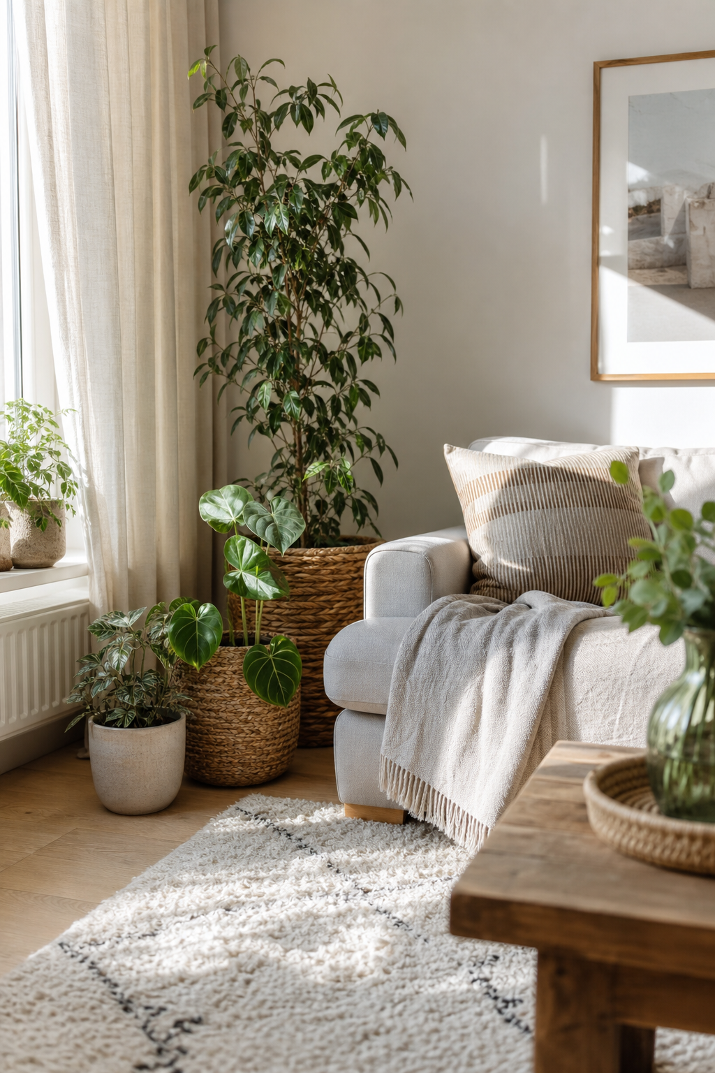 Pflanzen neben neutralen Sofas