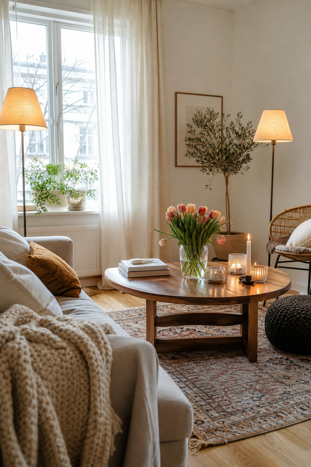 Runder Couchtisch mit Kerzen und Stehleuchten