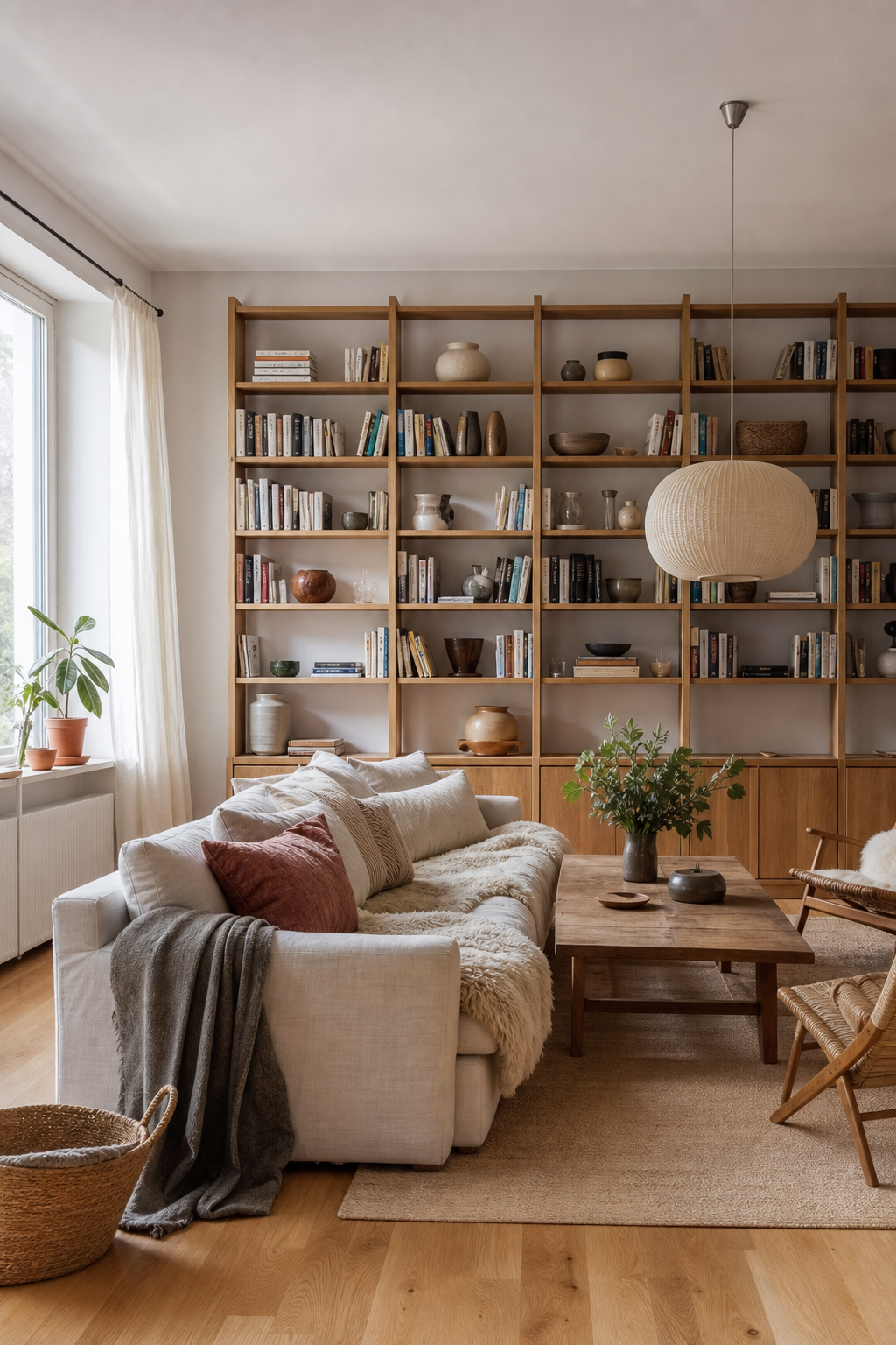 Skandinavisches Wohnzimmer mit Holzregalen