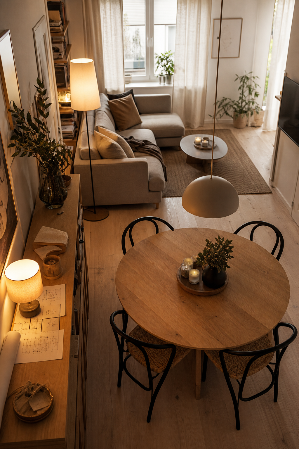 Weitwinkel Wohnzimmer Essbereich Beleuchtung Zonierung