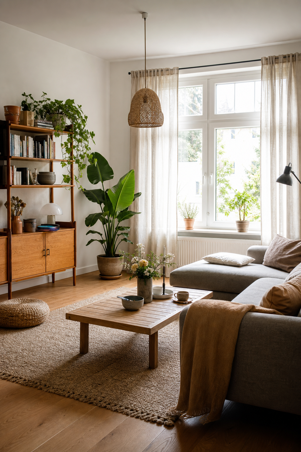 Wohnzimmer mit Naturholz und Naturtönen