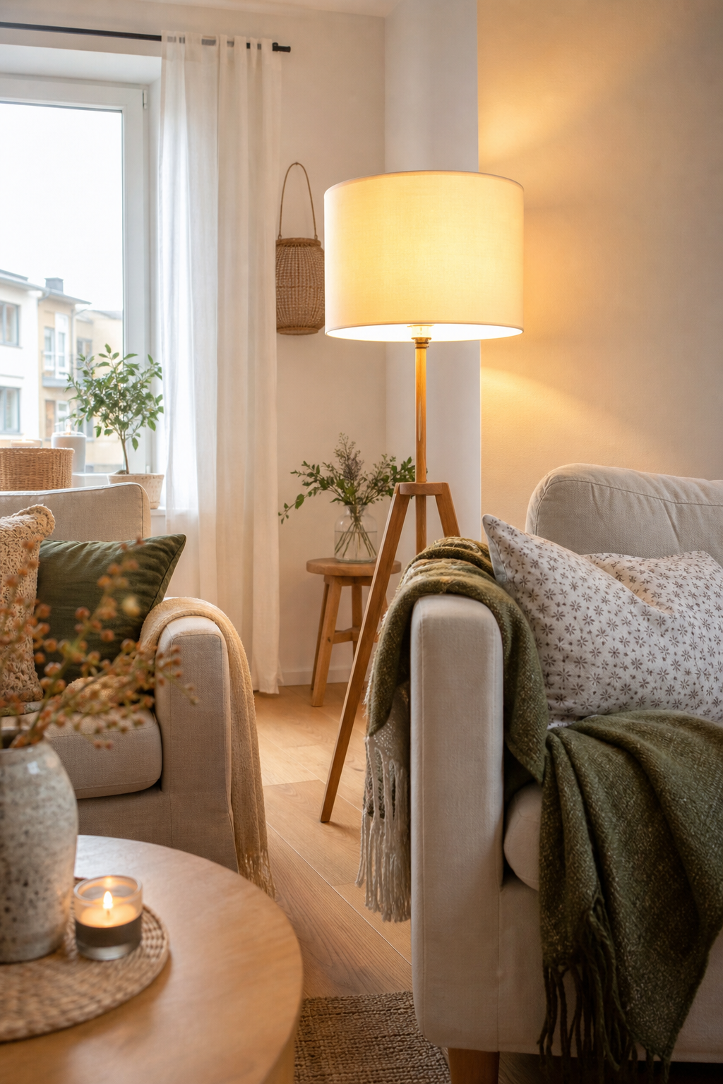 Braun-cream kissen auf zwei sofas