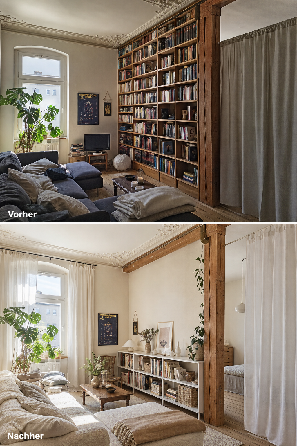 Kleines Altbauwohnzimmer vorher nachher