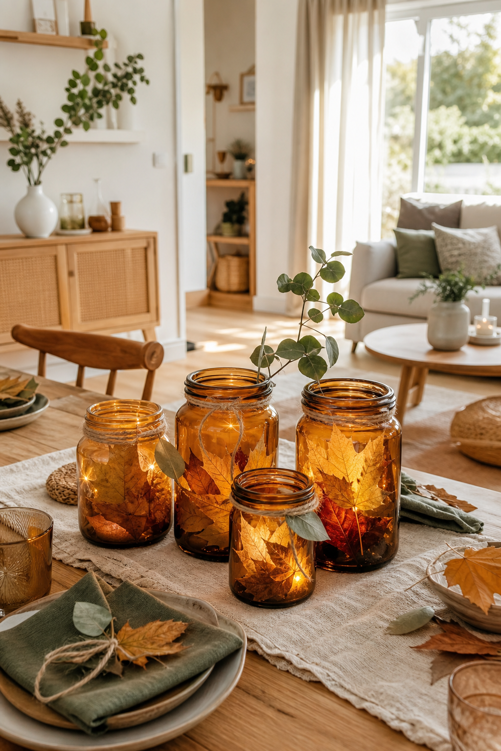 Ambergläser mit Herbstlaub und Kerzenlicht