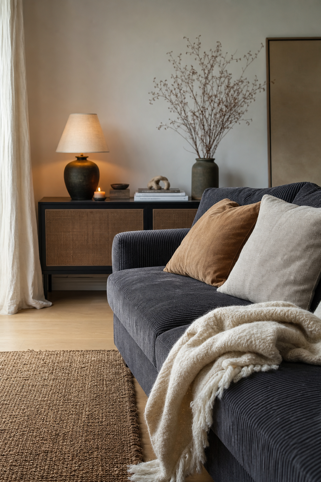 Anthrazit Cord Sofa mit warmem Licht