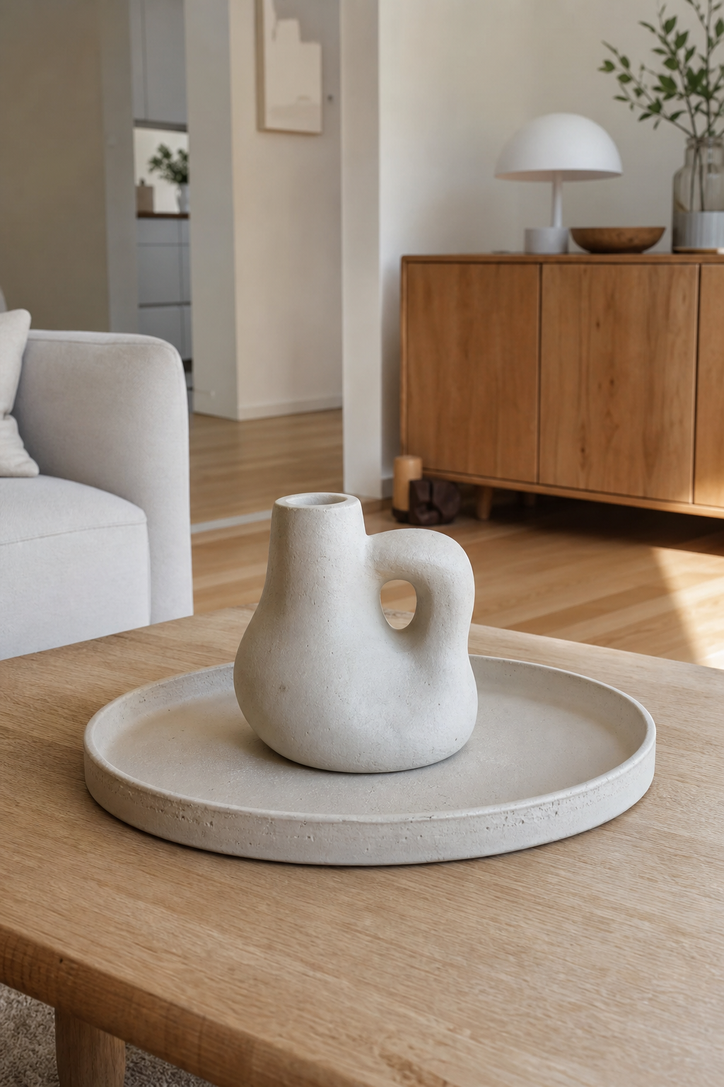 Asymmetrisches Keramikobjekt im modernen Couchtisch-Look allein