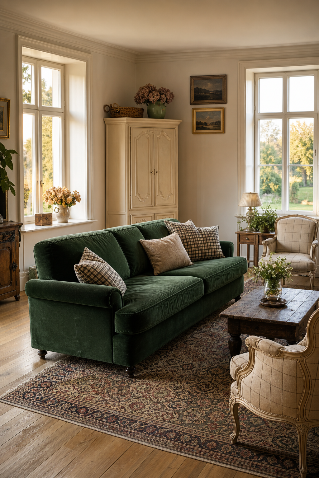 Zwei grüne Sofas gegenüber Kamin