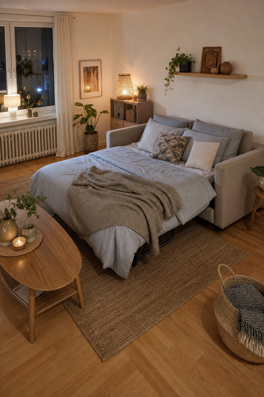 Beige-graues Wohnzimmer mit Schlafsofa