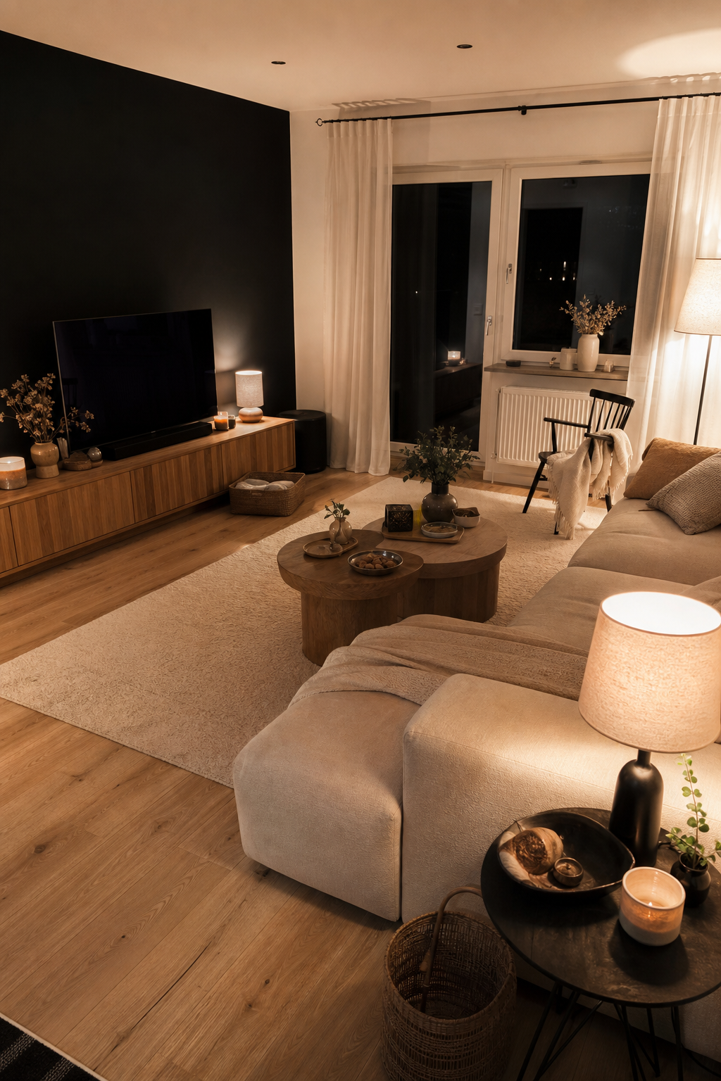Beige-schwarzes Wohnzimmer mit Holzboden