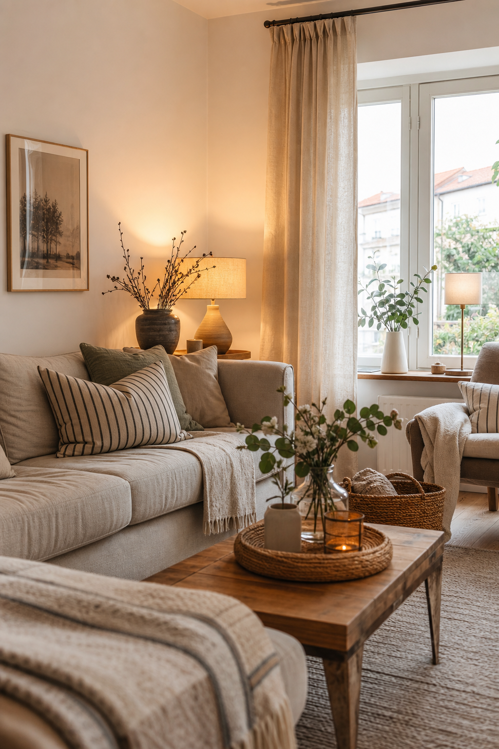 Beiges sofa mit rattan deko