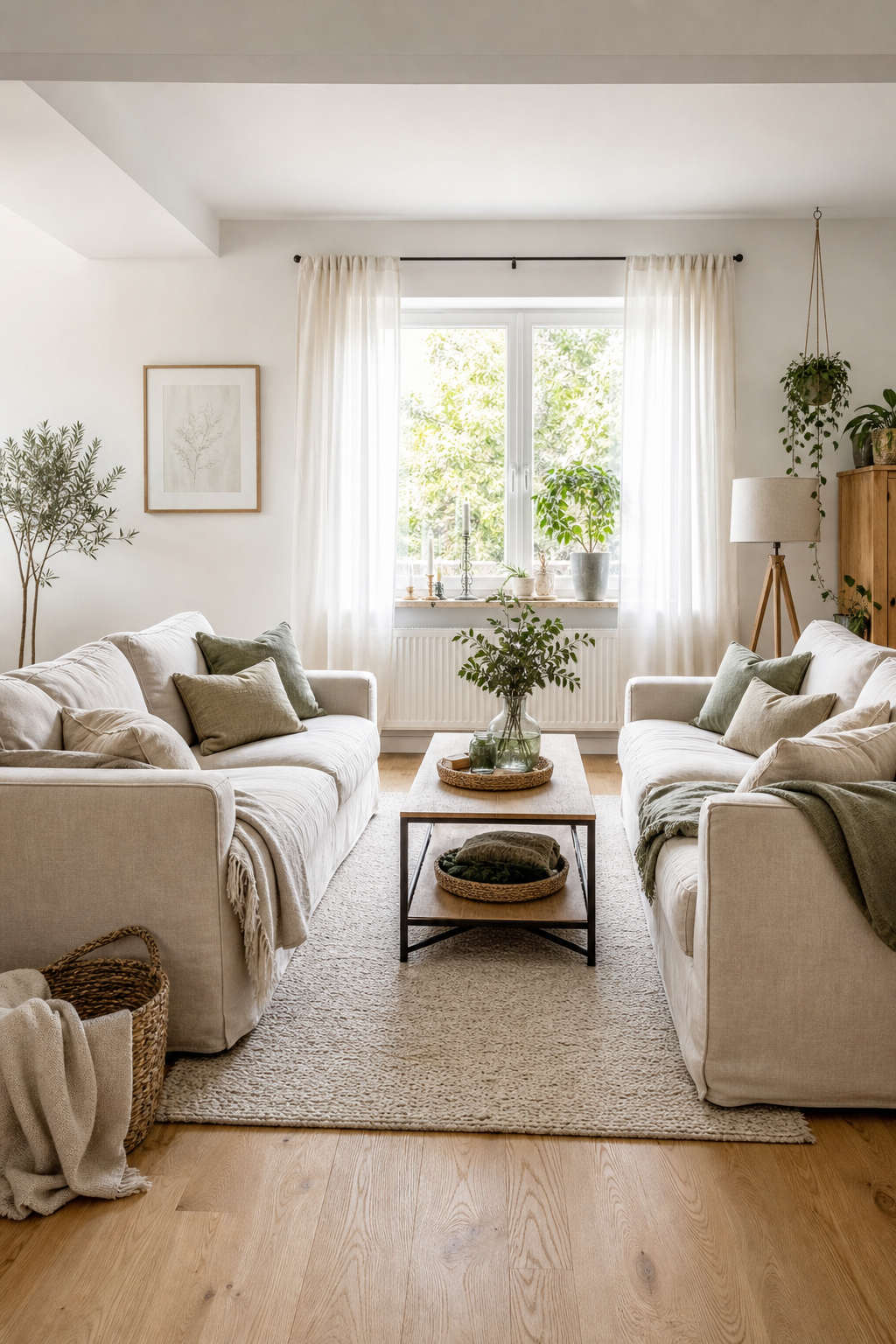 Beige Sofas gegenüber auf hellem Teppich